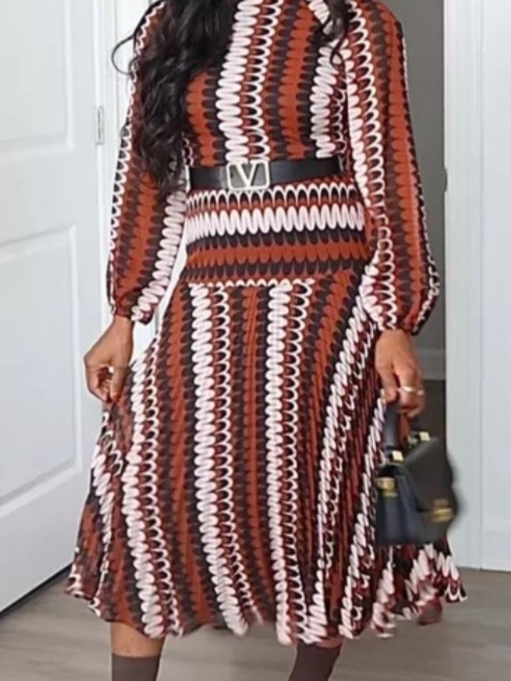 V-Neck Inspired Belted Chevron Midi Dress in Brown & White